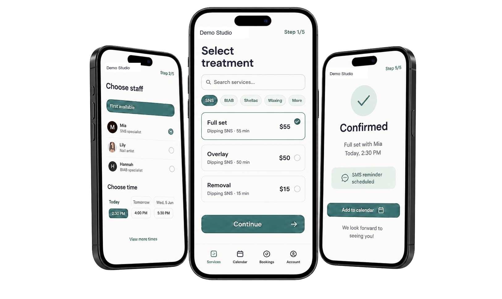 Three realistic smartphone screens showing a demo BeautiDesk salon booking, staff selection and confirmation